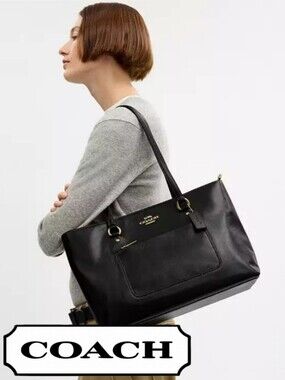🔥COACH Tote In Black Leather W/Hangtag, Gold Hardware, Front Pocket, New W/tags